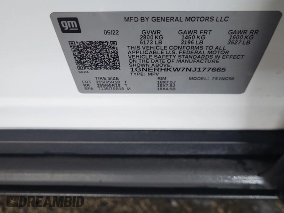 2022 Chevrolet Traverse LT with VIN 1GNERHKW7NJ177665, listed as a IAAI auction lot 42667314 with 103,830 mi miles and . Bid and sale history available at DreamBid. Image 3.