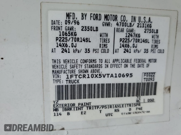 1997 Ford Ranger Splash with VIN 1FTCR10X5VTA10695, listed as a Copart auction lot 81854144 with 139,388 mi miles and Salvage Title. Bid and sale history available at carsss.com. Image 12.