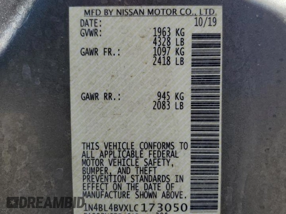 2020 Nissan Altima S with VIN 1N4BL4BVXLC173050, listed as a Copart auction lot 55618255 with 61,390 mi miles and Salvage title. Bid and sale history available at DreamBid. Image 12.