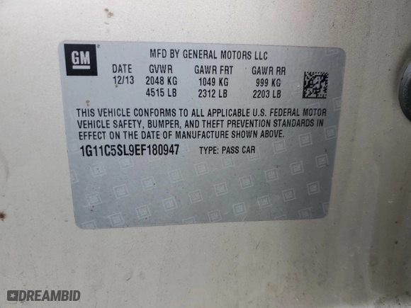 2014 Chevrolet Malibu LT with VIN 1G11C5SL9EF180947, listed as a Copart auction lot 47729435 with 122,161 mi miles and Salvage Title. Bid and sale history available at carsss.com. Image 12.