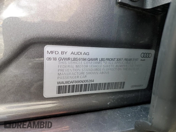 2019 Audi A8 L with VIN WAU8DAF86KN005264, listed as a Copart auction lot 51360835 with 54,324 mi miles and Salvage Title. Bid and sale history available at carsss.com. Image 12.