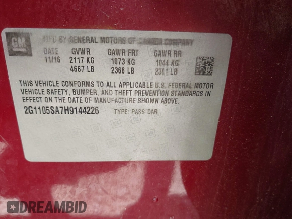 2017 Chevrolet Impala LT with VIN 2G1105SA7H9144226, listed as a IAAI auction lot 42036370 with 118,889 mi miles and . Bid and sale history available at DreamBid. Image 9.