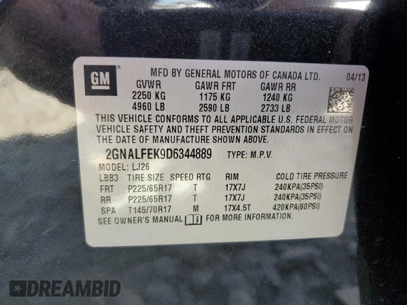 2013 Chevrolet Equinox LTZ z VIN 2GNALFEK9D6344889, wystawiony jako Copart lot #70767943 z przebiegiem 89 463 mil mil oraz Szkoda całkowita • Salvage title. Historia ofert i sprzedaży dostępna na DreamBid. Obrazek 12.