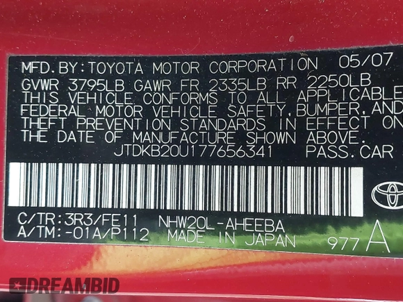 2007 Toyota Prius with VIN JTDKB20U177656341, listed as a IAAI auction lot 42006691 with 78,349 mi miles and . Bid and sale history available at DreamBid. Image 9.
