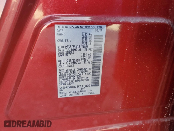 2017 Nissan Pathfinder SL z VIN 5N1DR2MN1HC621309, wystawiony jako Copart lot #84551034 z przebiegiem 97 811 mil mil oraz Szkoda całkowita • Salvage title. Historia ofert i sprzedaży dostępna na DreamBid. Obrazek 12.