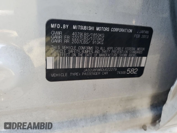 2013 Mitsubishi Lancer GT with VIN JA32U8FW6DU022279, listed as a Copart auction lot 78751474 with 139,136 mi miles and Salvage Title. Bid and sale history available at carsss.com. Image 12.