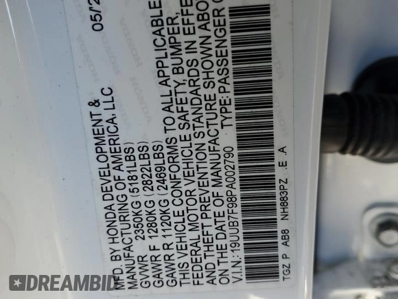 2023 Acura TLX Type S with VIN 19UUB7F98PA002790, listed as a Copart auction lot 43881115 with 53,905 mi miles and Salvage Title. Bid and sale history available at DreamBid. Image 14.