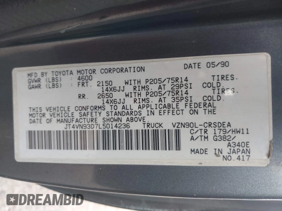 1990 Toyota Pickup z VIN JT4VN93D7L5014236, wystawiony jako IAAI lot #41776761 z przebiegiem Nie podano mil oraz . Historia ofert i sprzedaży dostępna na DreamBid. Obrazek 9.