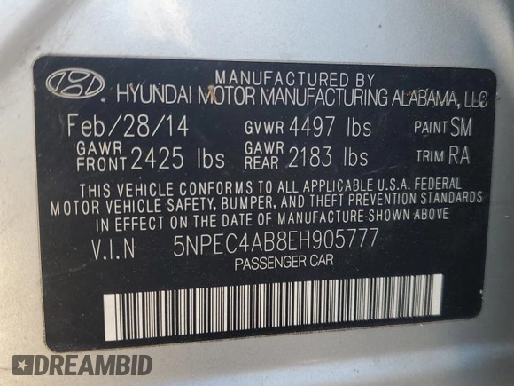 2014 Hyundai Sonata Limited with VIN 5NPEC4AB8EH905777, listed as a Copart auction lot 82103194 with Not Provided miles and Non Repairable. Bid and sale history available at DreamBid. Image 13.