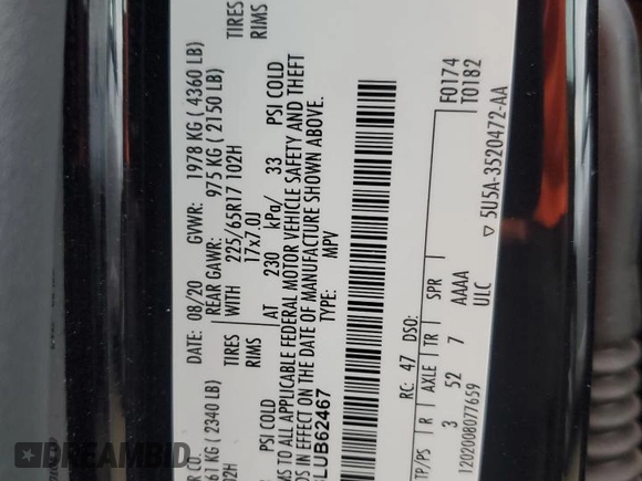 2020 Ford Escape S with VIN 1FMCU0F63LUB62467, listed as a Copart auction lot 58026175 with 60,419 mi miles and Salvage title. Bid and sale history available at DreamBid. Image 13.