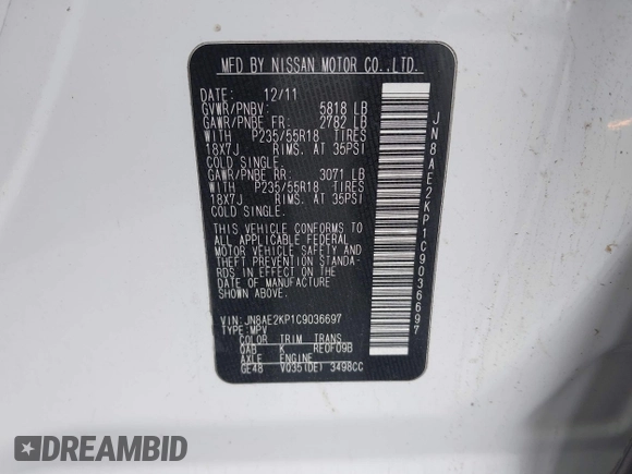 2012 Nissan Quest LE z VIN JN8AE2KP1C9036697, wystawiony jako IAAI lot #42124298 z przebiegiem 238 366 mil mil oraz . Historia ofert i sprzedaży dostępna na DreamBid. Obrazek 9.
