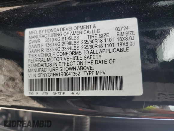 2024 Honda Pilot TrailSport with VIN 5FNYG1H61RB041362, listed as a Copart auction lot 67920164 with 5,511 mi miles and Salvage Title. Bid and sale history available at carsss.com. Image 13.