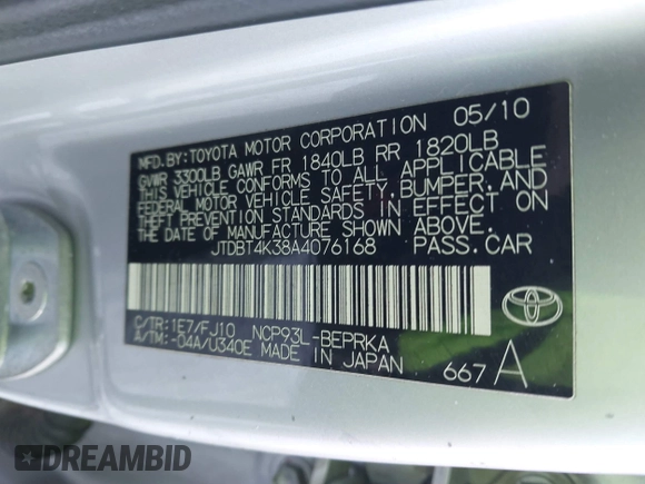 2010 Toyota Yaris with VIN JTDBT4K38A4076168, listed as a IAAI auction lot 41635379 with 156,016 mi miles. Bid and sale history available at carsss.com. Image 9.