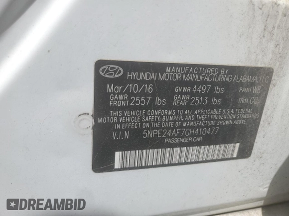 2016 Hyundai Sonata SE with VIN 5NPE24AF7GH410477, listed as a Copart auction lot 53620485 with 144,606 mi miles and Clean Title. Bid and sale history available at carsss.com. Image 12.