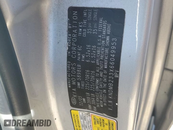 2006 Kia Sedona LX with VIN KNDMB233X66049953, listed as a Copart auction lot 76672044 with 126,837 mi miles and Salvage Title. Bid and sale history available at carsss.com. Image 13.