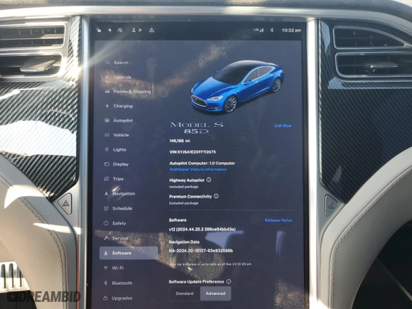 2015 Tesla Model S 85D with VIN 5YJSA1E20FF112975, listed as a Copart auction lot 85968134 with 146188 miles and Salvage Title. Bid and sale history available at carsss.com. Image 9.