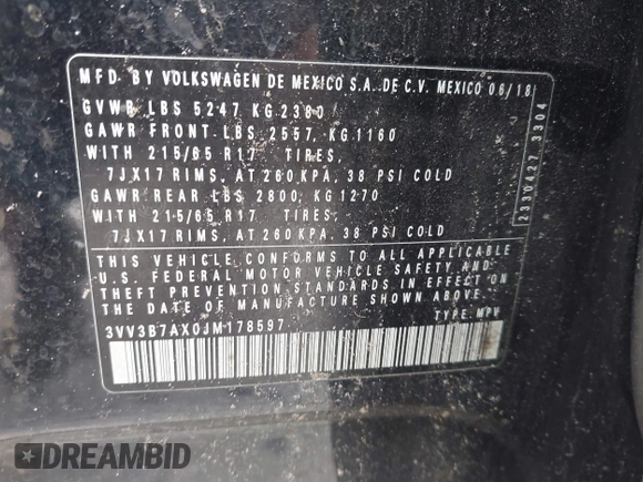 2018 Volkswagen Tiguan SEL с VIN 3VV3B7AX0JM178597, выставлен на аукционе IAAI как лот 42736122 с пробегом 44 879 миль миль и . История ставок и продаж доступна на DreamBid. Изображение 9.