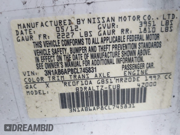 2012 Nissan Sentra S с VIN 3N1AB6AP8CL745831, выставлен на аукционе IAAI как лот 42307367 с пробегом 168 859 миль миль и . История ставок и продаж доступна на DreamBid. Изображение 9.
