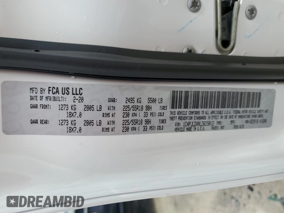 2020 Jeep Cherokee Limited with VIN 1C4PJLDXXLD615012, listed as a Copart auction lot 63091404 with 58,004 mi miles and Salvage title. Bid and sale history available at DreamBid. Image 13.