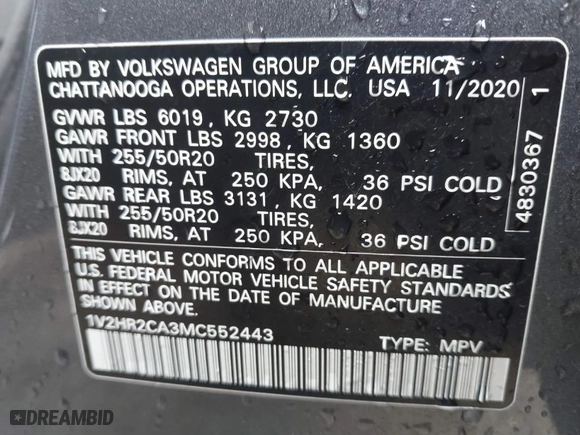 2021 Volkswagen Atlas 3.6L V6 SE w/Technology with VIN 1V2HR2CA3MC552443, listed as a IAAI auction lot 41421087 with 94,554 mi miles. Bid and sale history available at carsss.com. Image 9.