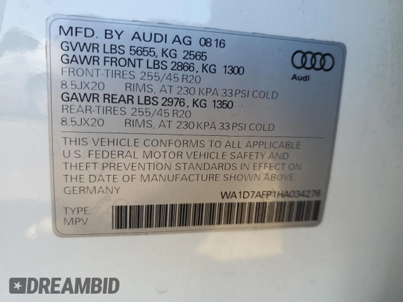 2017 Audi Q5 Premium Plus with VIN WA1D7AFP1HA034276, listed as a Copart auction lot 49676785 with 73,773 mi miles and Salvage title. Bid and sale history available at DreamBid. Image 13.
