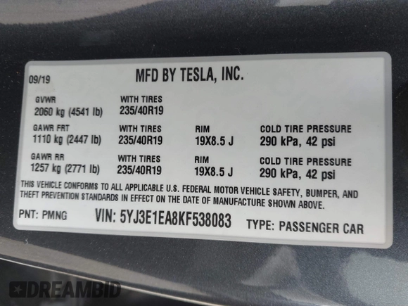 2019 Tesla Model 3 Mid Range with VIN 5YJ3E1EA8KF538083, listed as a IAAI auction lot 41891458 with 46,958 mi miles and . Bid and sale history available at carsss.com. Image 9.