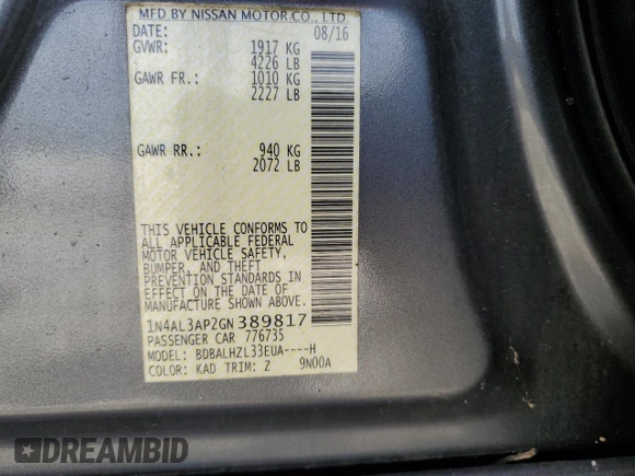 2016 Nissan Altima S with VIN 1N4AL3AP2GN389817, listed as a Copart auction lot 55927045 with 83,351 mi miles and Clean Title. Bid and sale history available at carsss.com. Image 12.