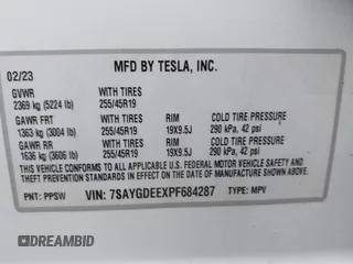 2023 Tesla Model Y Long Range with VIN 7SAYGDEEXPF684287, listed as a IAAI auction lot 41961230 with 45,080 mi miles and . Bid and sale history available at carsss.com. Image 9.