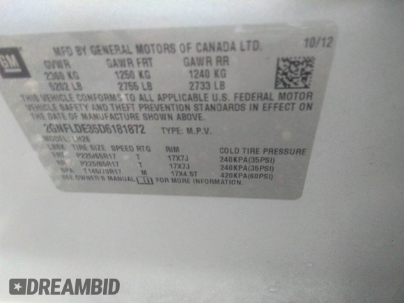 2013 Chevrolet Equinox LT with VIN 2GNFLDE35D6181872, listed as a IAAI auction lot 41626404 with 191,005 mi miles and . Bid and sale history available at DreamBid. Image 9.
