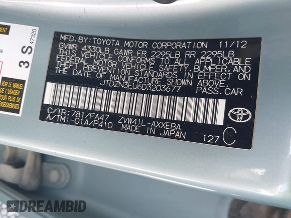 2013 Toyota Prius Two with VIN JTDZN3EU6D3203677, listed as a IAAI auction lot 42078214 with 194,087 mi miles and . Bid and sale history available at carsss.com. Image 9.
