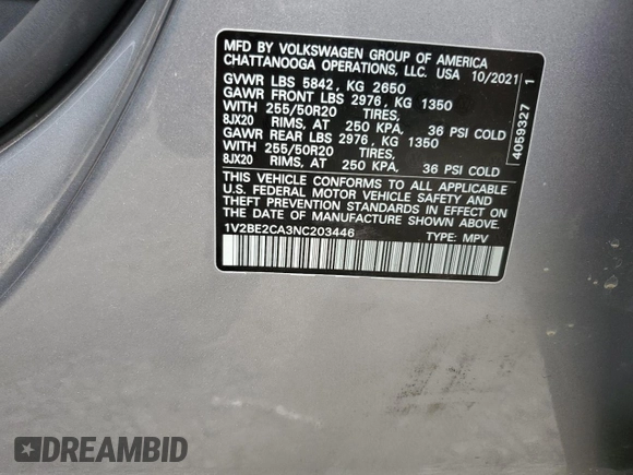 2022 Volkswagen Atlas SEL with VIN 1V2BE2CA3NC203446, listed as a Copart auction lot 70006024 with 28,356 mi miles and Salvage title. Bid and sale history available at DreamBid. Image 13.