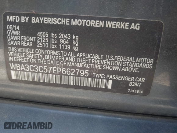 2014 BMW 3 Series 320i xDrive with VIN WBA3C3C57EP662795, listed as a IAAI auction lot 42267683 with 153,451 mi miles and . Bid and sale history available at DreamBid. Image 9.