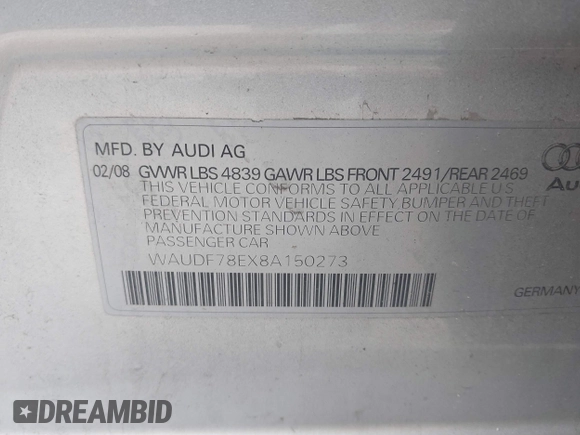 2008 Audi A4 2.0T с VIN WAUDF78EX8A150273, выставлен на аукционе IAAI как лот 42263838 с пробегом 205 859 миль миль и . История ставок и продаж доступна на DreamBid. Изображение 9.