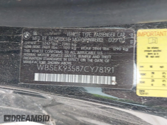 2007 BMW 6 Series M6 z VIN WBSEK93587CY78191, wystawiony jako IAAI lot #41703769 z przebiegiem Nie podano mil oraz . Historia ofert i sprzedaży dostępna na DreamBid. Obrazek 9.