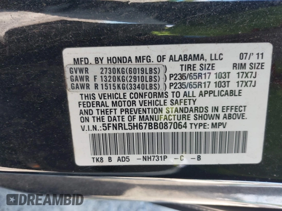 2011 Honda Odyssey EX-L with VIN 5FNRL5H67BB087064, listed as a IAAI auction lot 42326427 with 177,795 mi miles and . Bid and sale history available at DreamBid. Image 9.