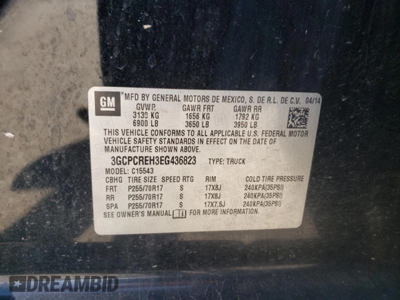 2014 Chevrolet Silverado 1500 LT with VIN 3GCPCREH3EG436823, listed as a Copart auction lot 49597995 with 258,666 mi miles and Salvage Title. Bid and sale history available at DreamBid. Image 14.