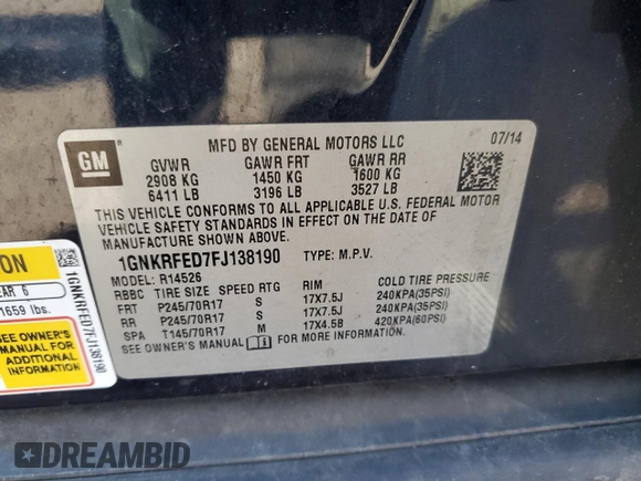 2015 Chevrolet Traverse LS with VIN 1GNKRFED7FJ138190, listed as a Copart auction lot 49616295 with Not Provided miles and Salvage Title. Bid and sale history available at DreamBid. Image 13.