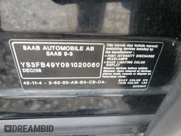 2009 Saab 9-3 Comfort z VIN YS3FB49Y091020060, wystawiony jako Copart lot #47744695 z przebiegiem 126 191 mil mil oraz Czysty tytuł • Clean title. Historia ofert i sprzedaży dostępna na DreamBid. Obrazek 12.