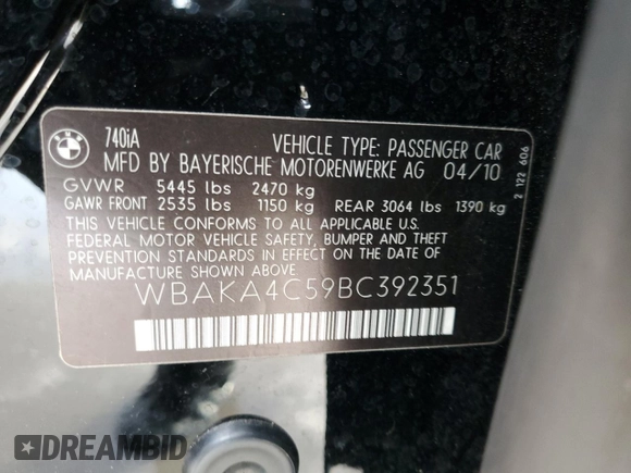2011 BMW 7 Series 740i with VIN WBAKA4C59BC392351, listed as a Copart auction lot 84942304 with 76,874 mi miles and Salvage Title. Bid and sale history available at carsss.com. Image 13.