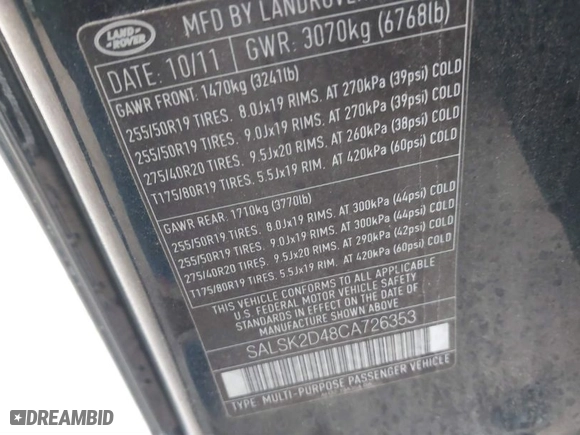 2012 Land Rover Range Rover Sport HSE LUX with VIN SALSK2D48CA726353, listed as a IAAI auction lot 41522417 with 177,539 mi miles. Bid and sale history available at carsss.com. Image 9.