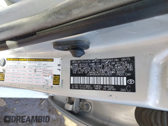2015 Toyota Prius Four with VIN JTDKN3DU6F0476707, listed as a IAAI auction lot 42010191 with 158,071 mi miles. Bid and sale history available at carsss.com. Image 9.