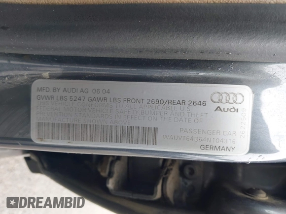 2004 Audi A6 with VIN WAUVT64B64N104316, listed as a IAAI auction lot 41914713 with 246,473 mi miles. Bid and sale history available at carsss.com. Image 9.
