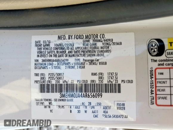 2010 Mercury Milan Premier с VIN 3MEHM0JA4AR656099, выставлен на аукционе Copart как лот 59639005 с пробегом 234 003 миль миль и Списание • Salvage title. История ставок и продаж доступна на DreamBid. Изображение 12.