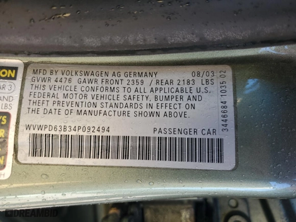 2004 Volkswagen Passat Sedan GLS with VIN WVWPD63B34P092494, listed as a Copart auction lot 75539034 with 76,320 mi miles and Salvage Title. Bid and sale history available at carsss.com. Image 12.