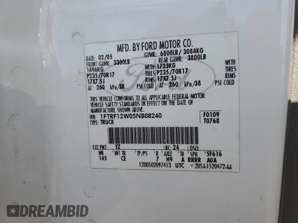 2005 Ford F-150 XL with VIN 1FTRF12W05NB08240, listed as a Copart auction lot 42411995 with 333,955 mi miles and Salvage Title. Bid and sale history available at carsss.com. Image 12.