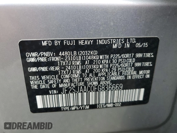 2015 Subaru Forester 2.5i with VIN JF2SJAAC0FG836669, listed as a Copart auction lot 44684335 with 205,858 mi miles and Salvage Title. Bid and sale history available at carsss.com. Image 14.