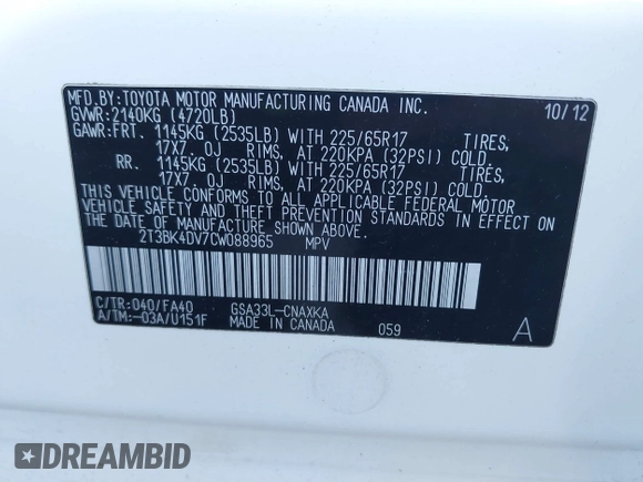 2012 Toyota RAV4 with VIN 2T3BK4DV7CW088965, listed as a IAAI auction lot 41063803 with 134,787 mi miles. Bid and sale history available at carsss.com. Image 9.