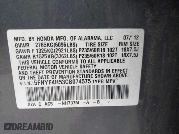 2012 Honda Pilot EX-L with VIN 5FNYF4H53CB074575, listed as a IAAI auction lot 42068530 with 106,837 mi miles and . Bid and sale history available at carsss.com. Image 9.