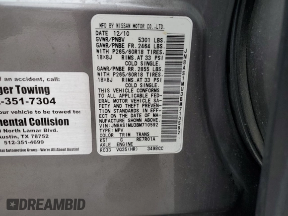2011 Infiniti FX35 with VIN JN8AS1MU3BM710592, listed as a Copart auction lot 80157034 with 186,438 mi miles and Clean Title. Bid and sale history available at carsss.com. Image 13.