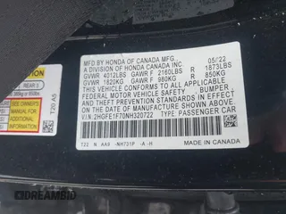2022 Honda Civic EX z VIN 2HGFE1F70NH320722, wystawiony jako IAAI lot #42264449 z przebiegiem Nie podano mil oraz . Historia ofert i sprzedaży dostępna na DreamBid. Obrazek 9.